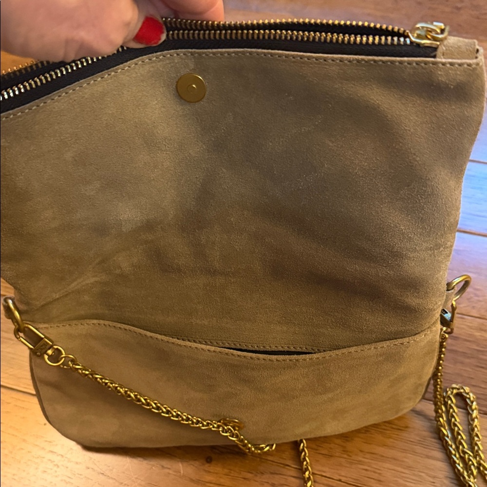 Prune Tan Suede Crossbody Bag with Gold Chain - Picture 9 of 16